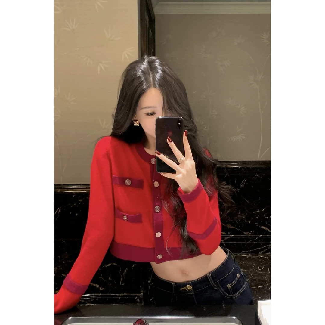 FBB limit 冬季新款气质正红撞色拼接定制单排扣开衫毛衣D244288R