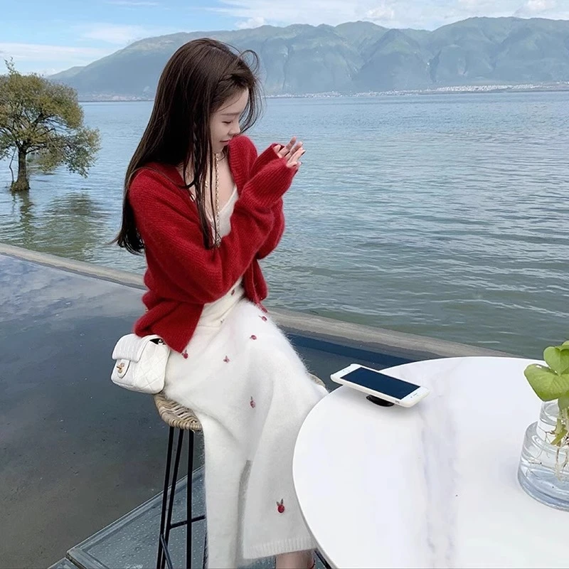 法式小香风甜美春季两件套红色毛衣开衫外套刺绣内搭针织连衣裙女