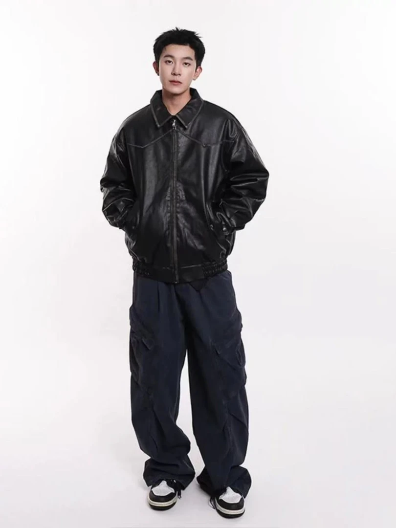 美式复古夹棉加厚做旧明线棉服外套男女冬季保暖纯色皮衣夹克-024