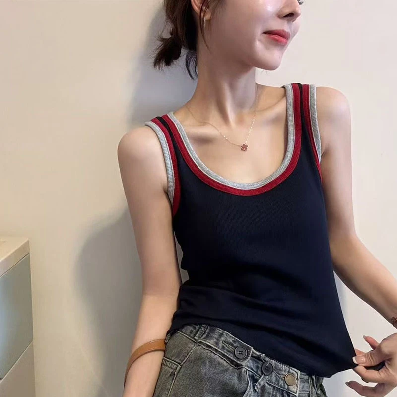 撞色拼接吊带背心女2025韩版时尚通勤修身夏季新款百搭外穿上衣潮