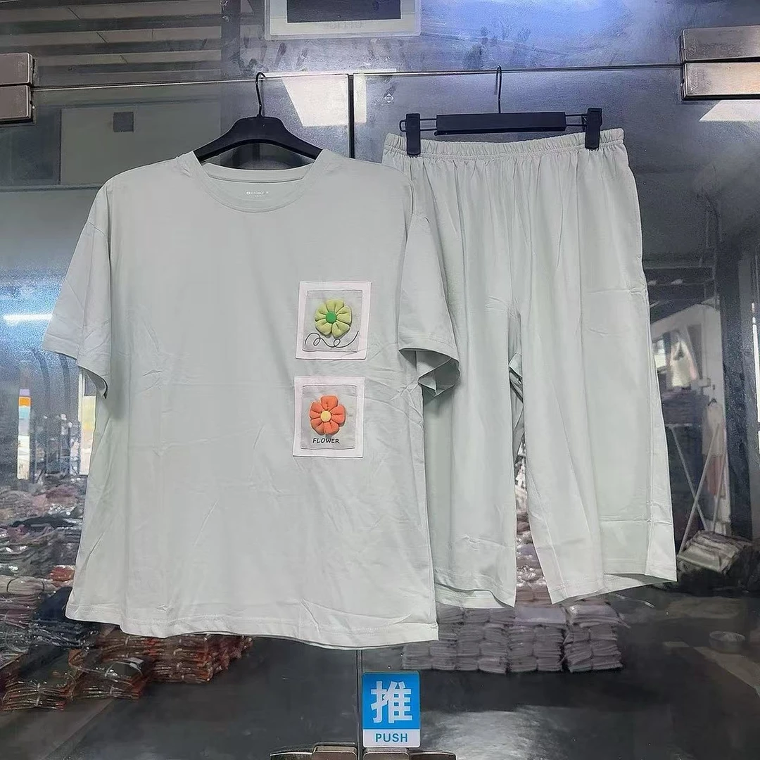 睡衣短袖家居服套装夏季印花女士简约百搭七分裤