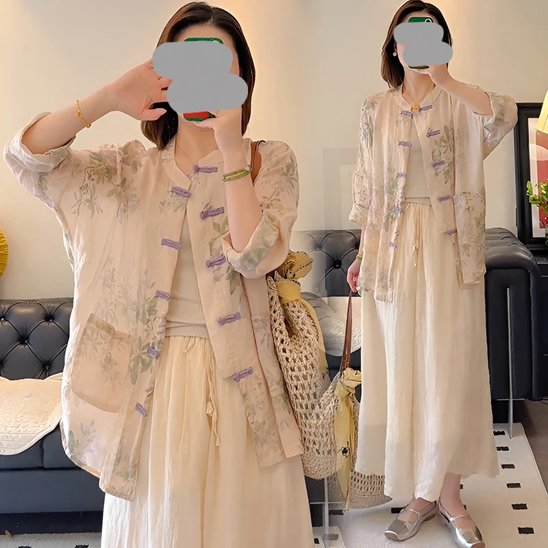 夏季高级感超好看洋气独特别致漂亮减龄新中式国风宽松印花衬衫女