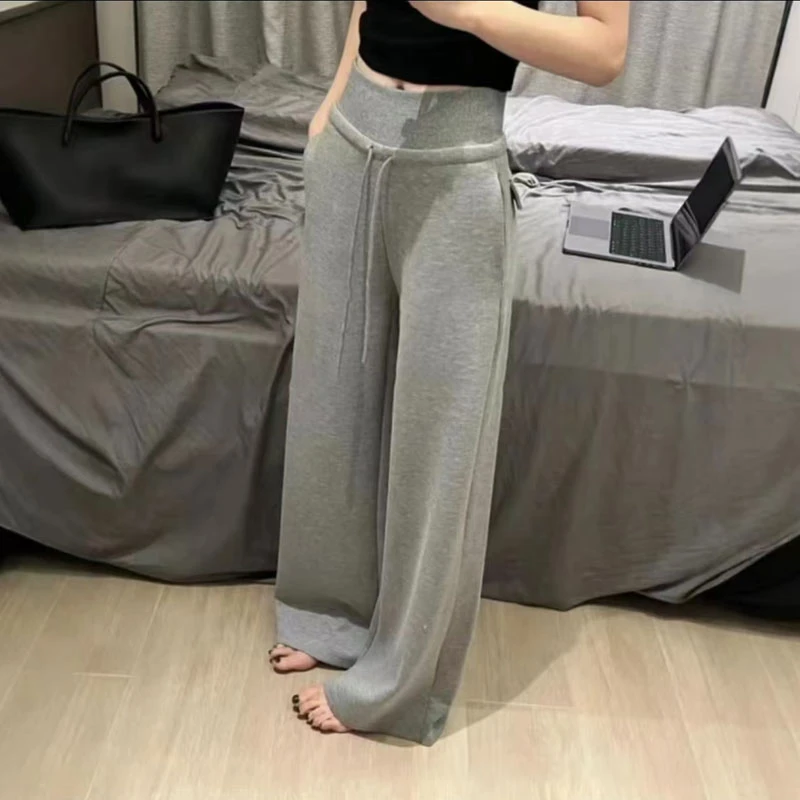 2025秋冬季高腰系带休闲加绒卫裤女显瘦百搭微喇直筒设计感长裤