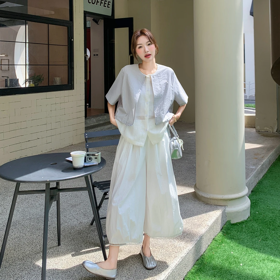 小个子穿搭设计假两件衬衫上衣套装女夏新款白色七分阔腿裤两件套