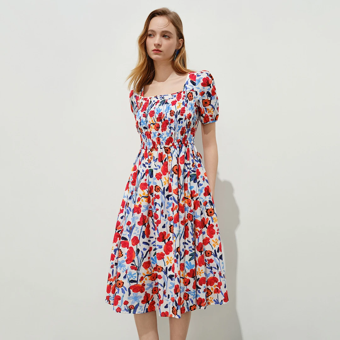 复古优雅方领连衣裙女夏季2024法式减龄油画风印花Y534104062