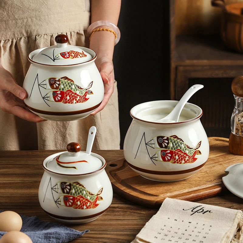 舍里家用耐高温陶瓷猪油罐带盖厨房和风鲤鱼系列陶瓷调料罐