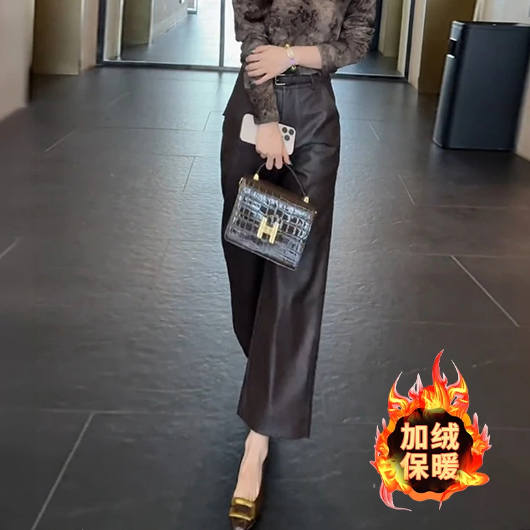 咖色高腰PU皮裤女2025秋季流行新款高腰通勤气质休闲九分直筒裤子