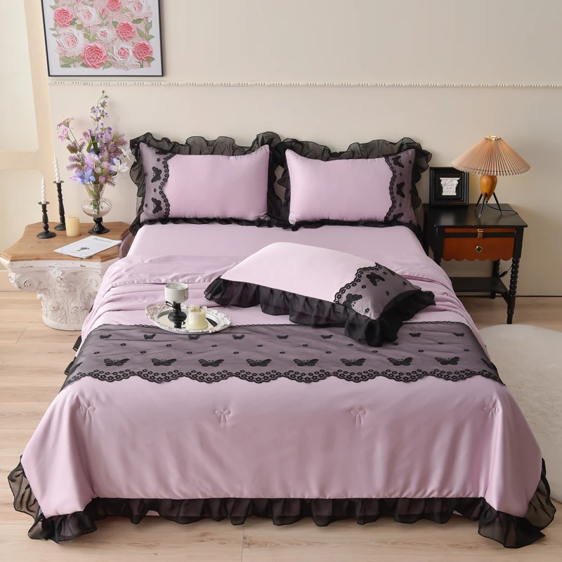 夏被四件套韩版蕾丝花边可机洗空调被小清新公主风柔软亲肤夏凉被