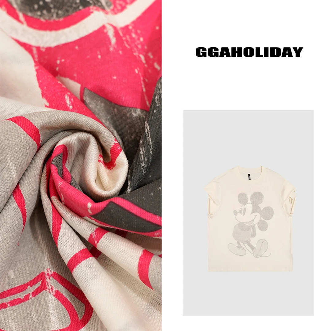 GGAHOLIDAY夏季时尚休闲复古百搭潮流街头卷边短袖印花T恤-152610