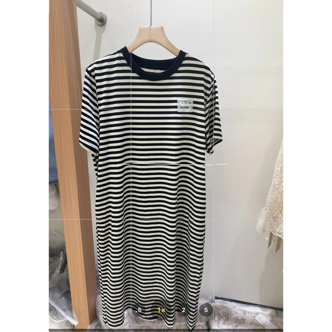 MISSQ 25256 短袖针织条纹连衣裙简约圆领宽松休闲慵懒风遮肉长裙
