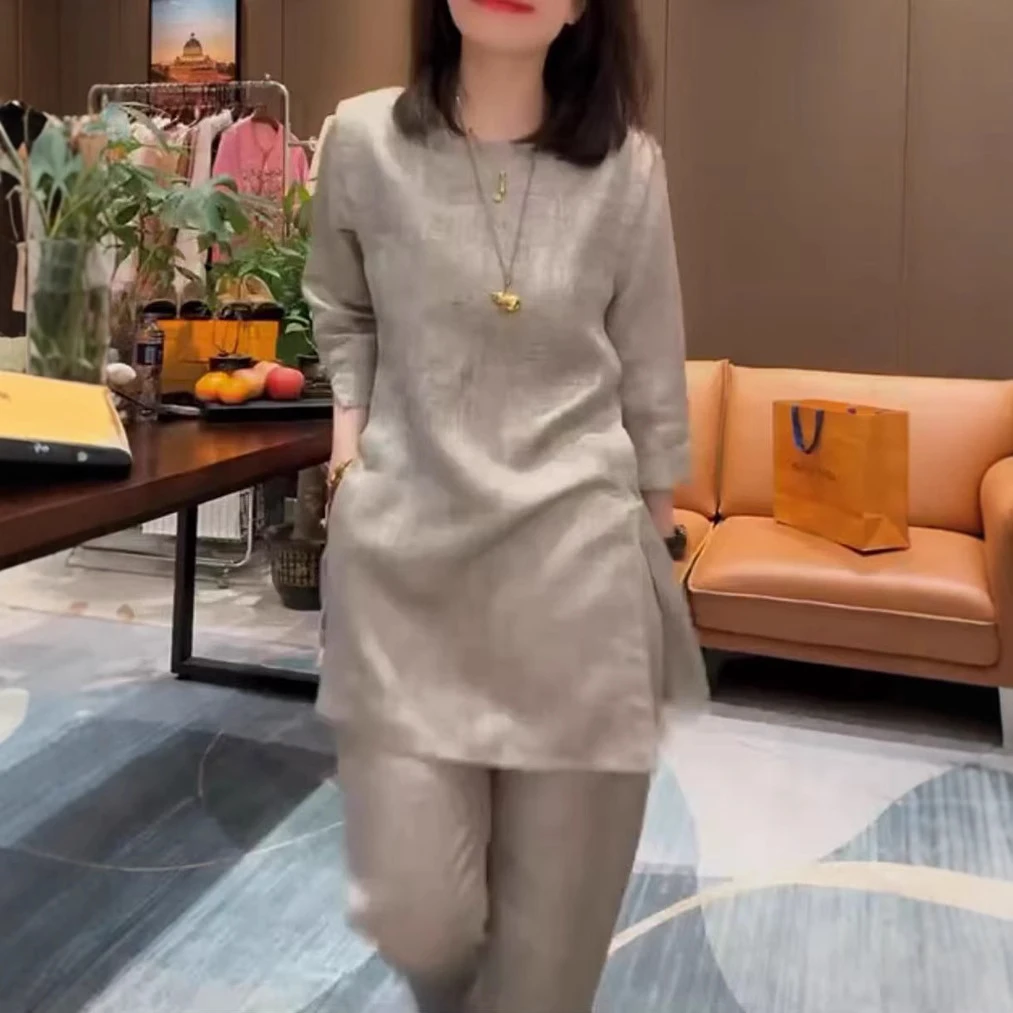 2025春新款爆款时尚百搭高级极简法式复古棉麻上衣+裤子两件套装