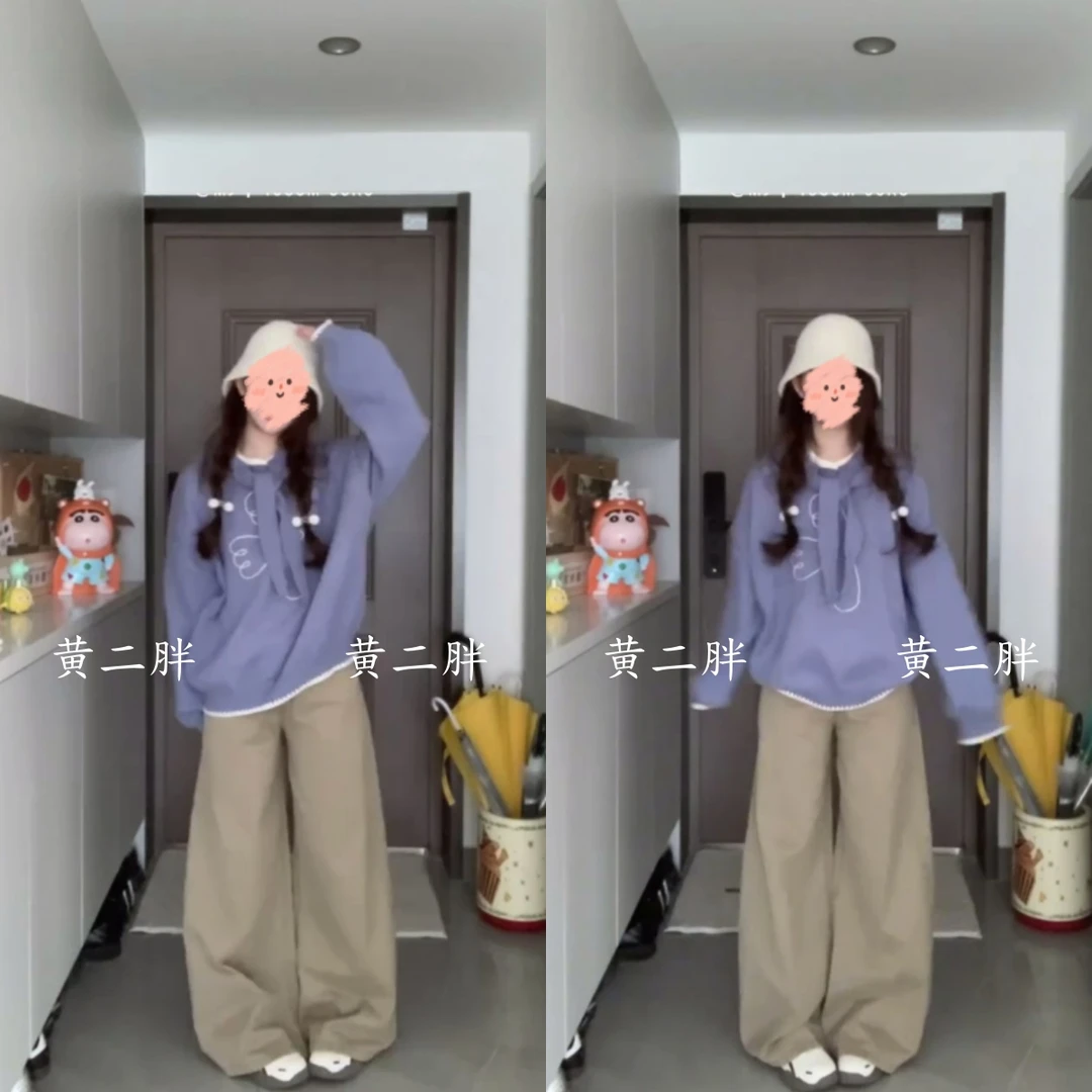 韩系复古飞鸟贝壳绣系带连帽毛衣女秋冬新款显瘦时尚上衣+阔腿裤