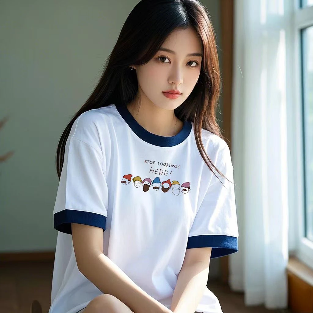 夏季新款撞色圆领短袖t恤女宽松百搭设计感小众独特体恤上衣30414