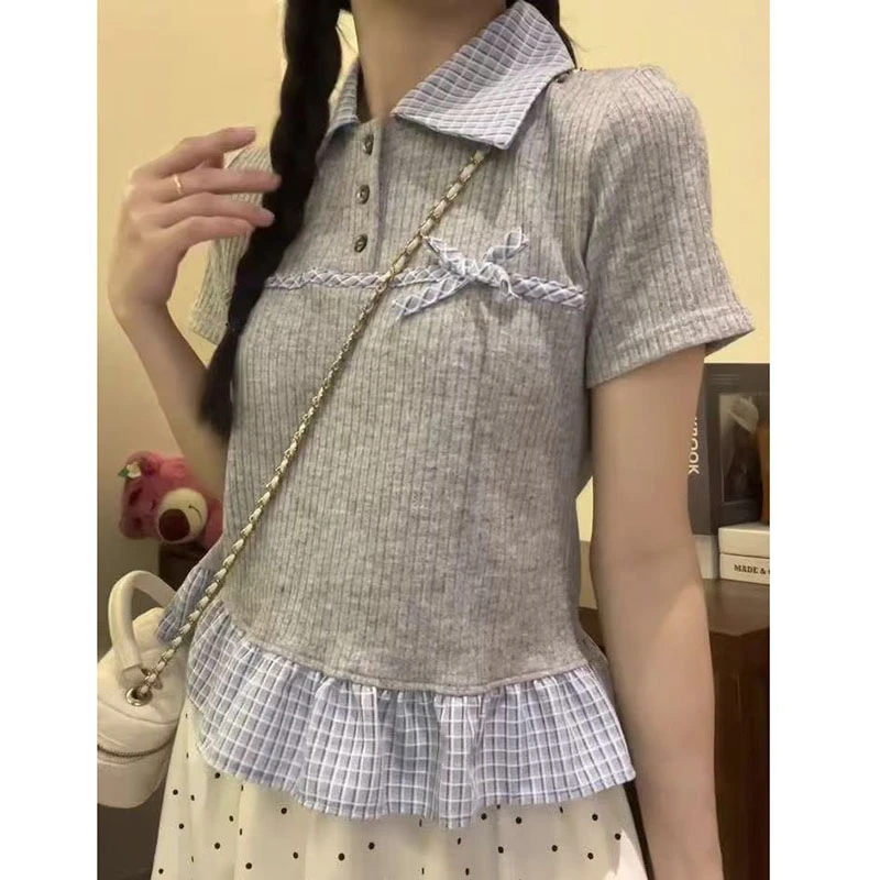 【清】大码休闲假两件Polo领短袖T恤小个子胖MM蝴蝶结上衣-6880