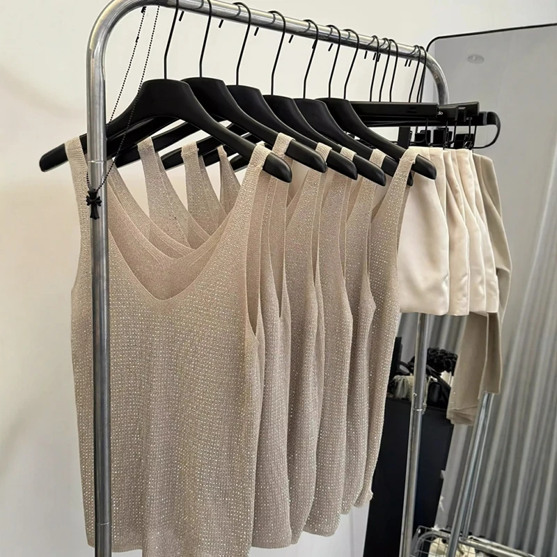 爆闪烫钻v领吊带背心女夏季高级感轻奢减龄洋气辣妹外穿无袖上衣