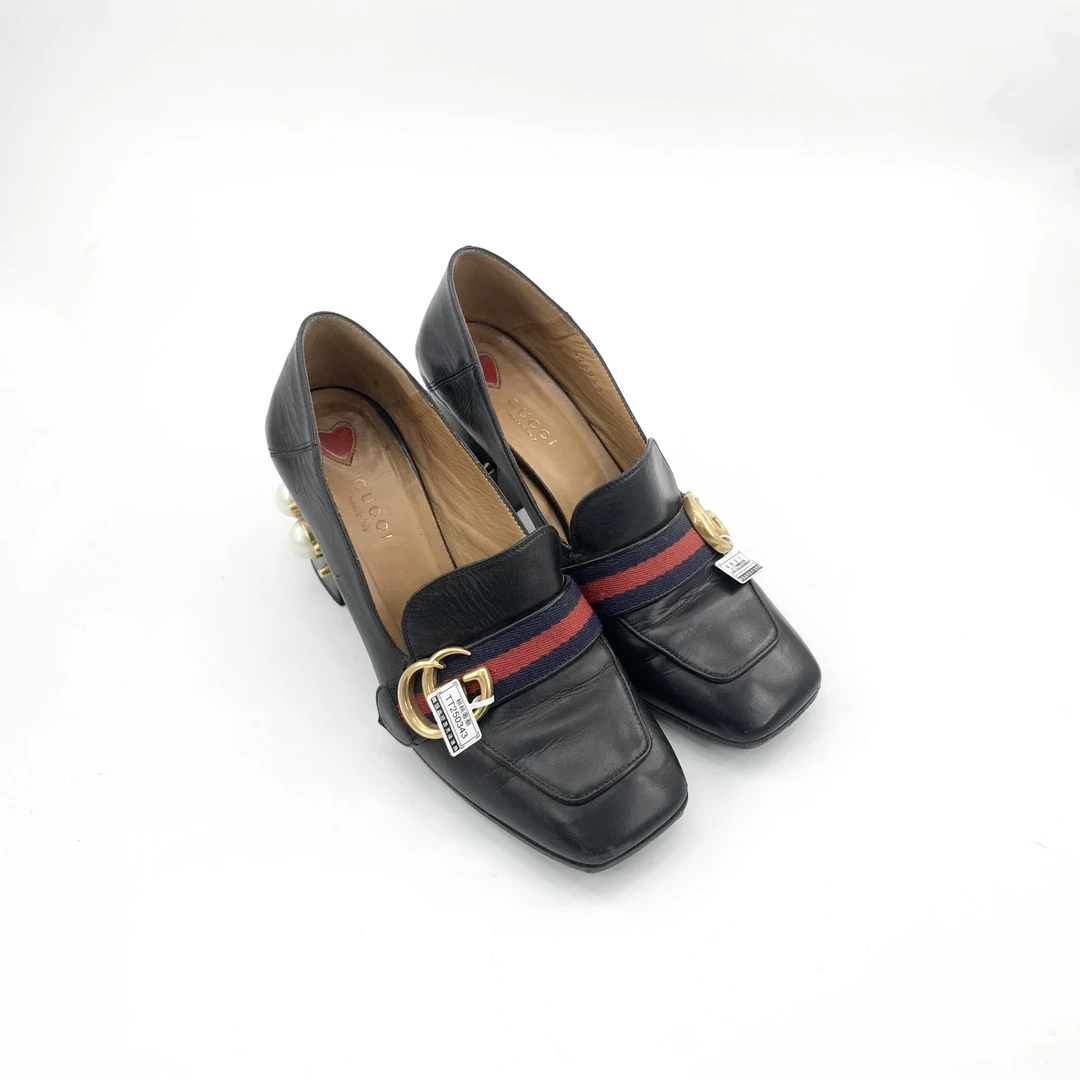95新 GUCCI/古驰 37码/黑色珍珠高跟乐福鞋/TT250343