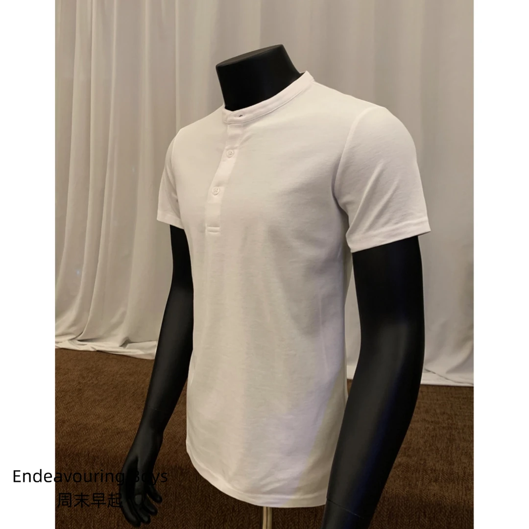 周末早起索罗娜珠地棉美式亨利领短袖简约纯色休闲轻熟白色上衣