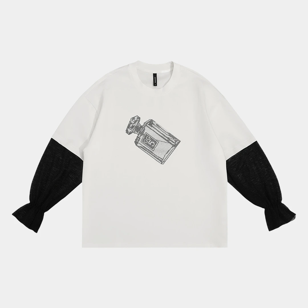 GG潮牌女装美式休闲宽松百搭假两件拼蕾丝接潮流长袖T恤-152453