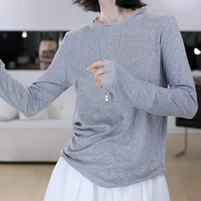 2025时尚圆领秋季套头纯色T恤长袖上衣LK2505210