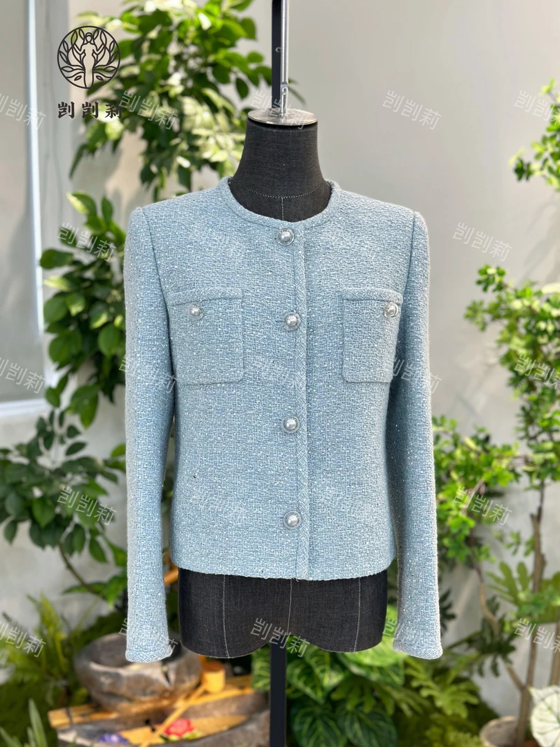 剀剀莉 2025新款（蓝山月）蓝色时尚气质圆领小香风长袖短款外套