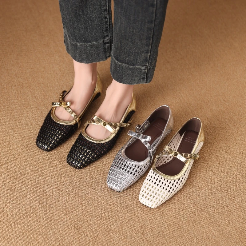 牛皮/跟高2.5cm/2025新款春夏季真皮低跟软面软底单鞋女镂空凉鞋