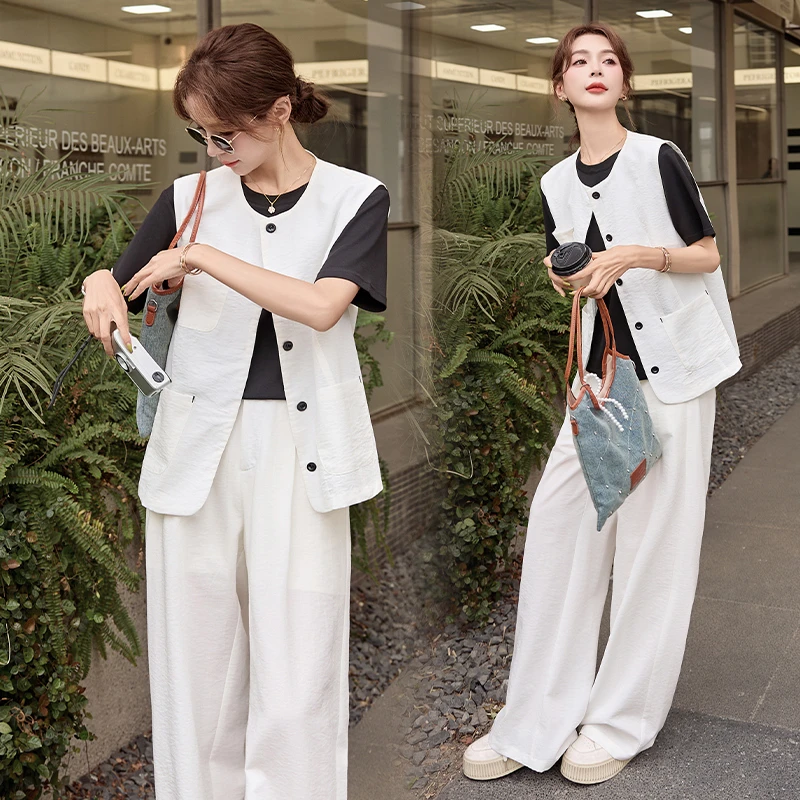 气质简约圆领无袖马甲长裤三件套女2025夏新款时尚百搭阔腿裤套装