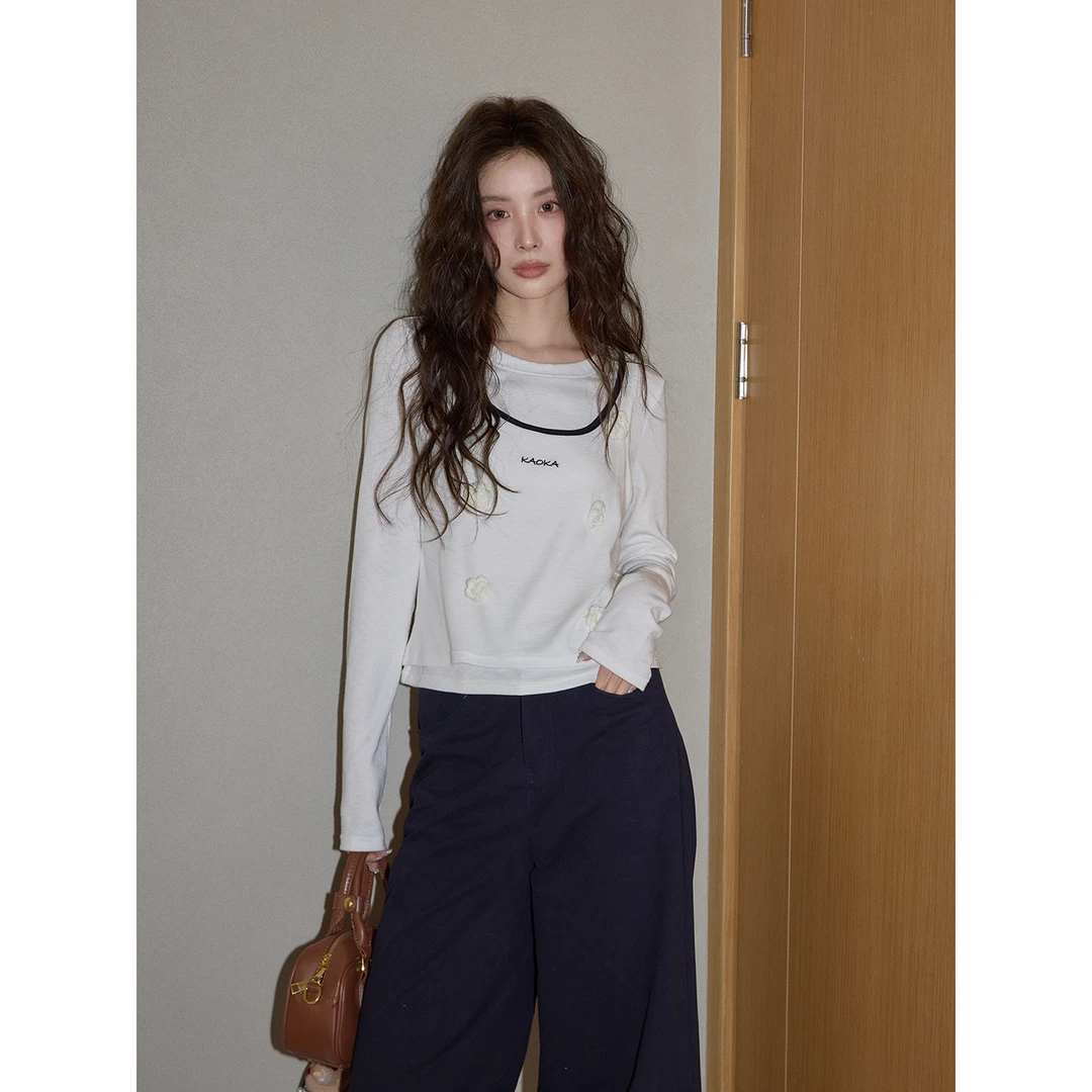 【吵吵家】米白色圆领吊带T恤女2025秋冬高级气质休闲修身长袖上衣