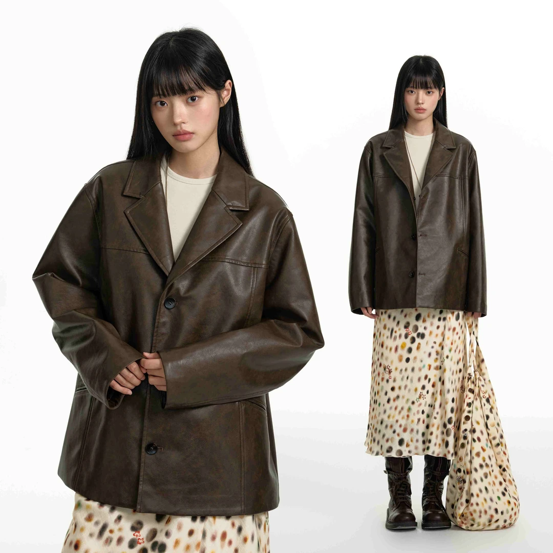 TGNS美式复古pu皮西装男女生秋季翻领挺括夹克小众街头高级感外套