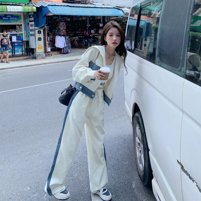 牛仔拼接海军领卫衣休闲裤2025春秋新款小众韩系慵懒风显瘦两件套