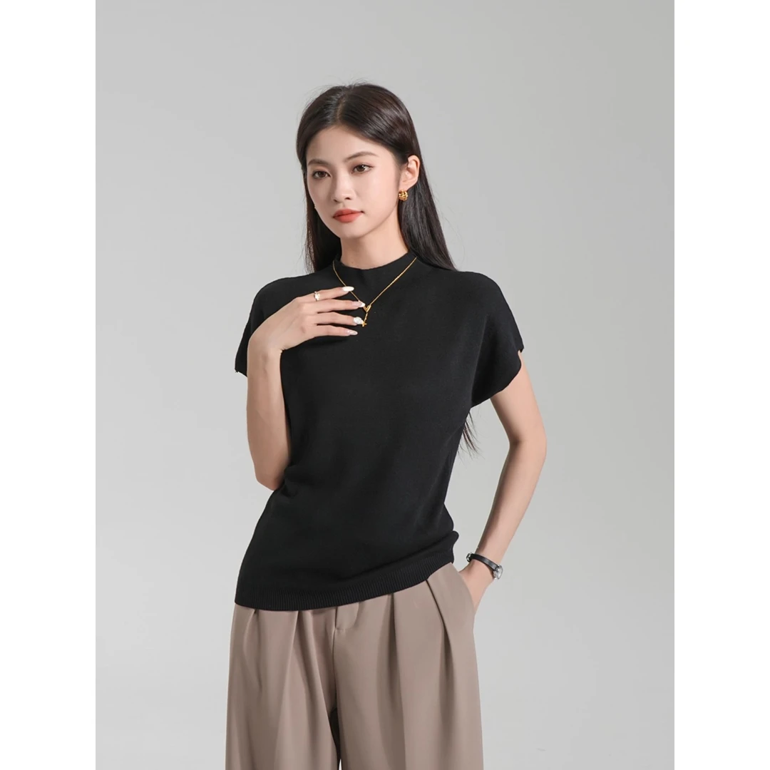 黑色半高领短袖女t恤2025新款夏季针织冰丝内搭打底上衣时尚修身