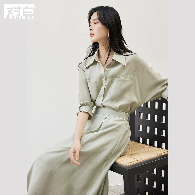对白舒适莱赛尔今年流行漂亮套装裙女2024夏新款衬衣半身裙两件套