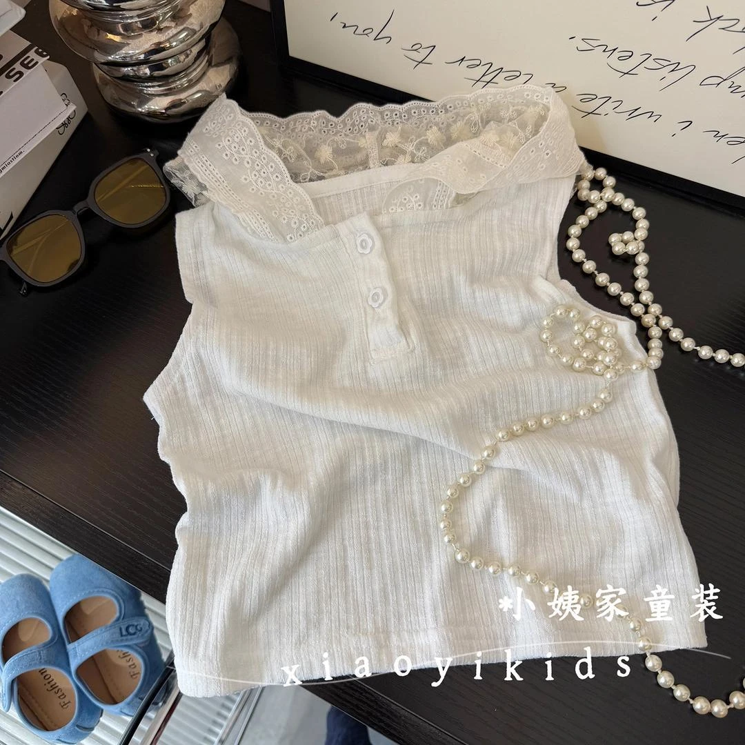 女童背心2025ins甜美夏季潮流无袖蕾丝连帽上衣设计感气质亲子装