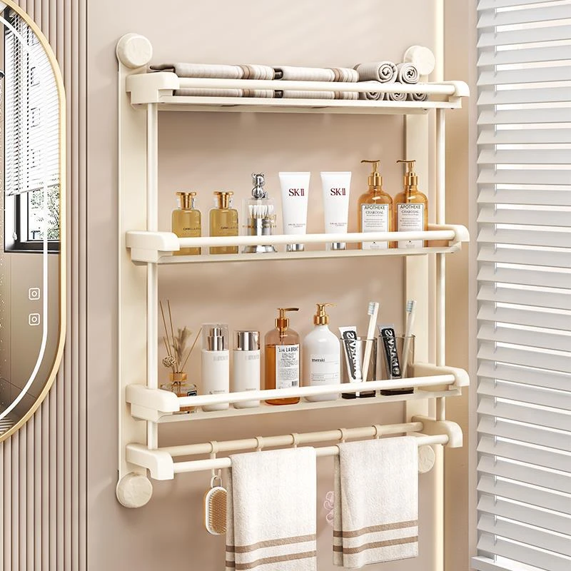 毛巾架卫生间免打孔浴巾吸盘挂杆浴室置物架子一体厕所洗澡间收纳