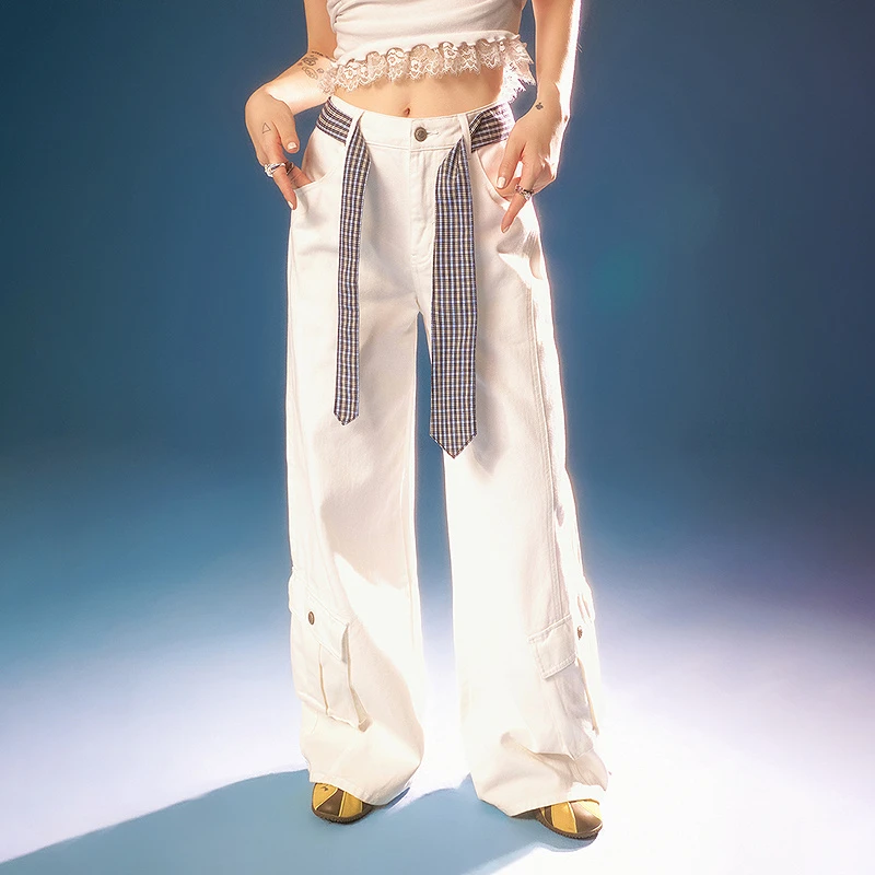 【1】CHUU格纹领带腰带小设计阔腿工装风百搭阔腿休闲裤GHEB006Y