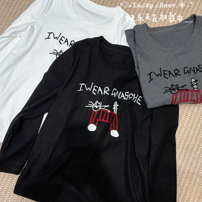 大码德绒秋冬猫咪刺绣圆领长袖打底衫韩版慵懒风时尚百搭上衣1000