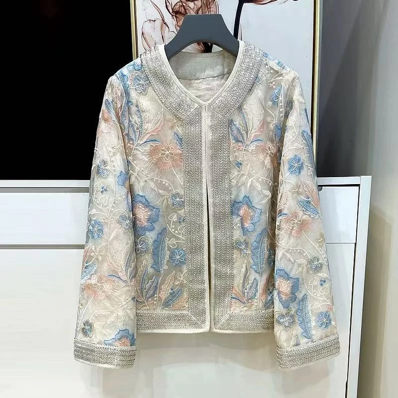 Momo桑蚕丝高级感绣花短外套女春秋新款重工钉珠小众设计感上衣