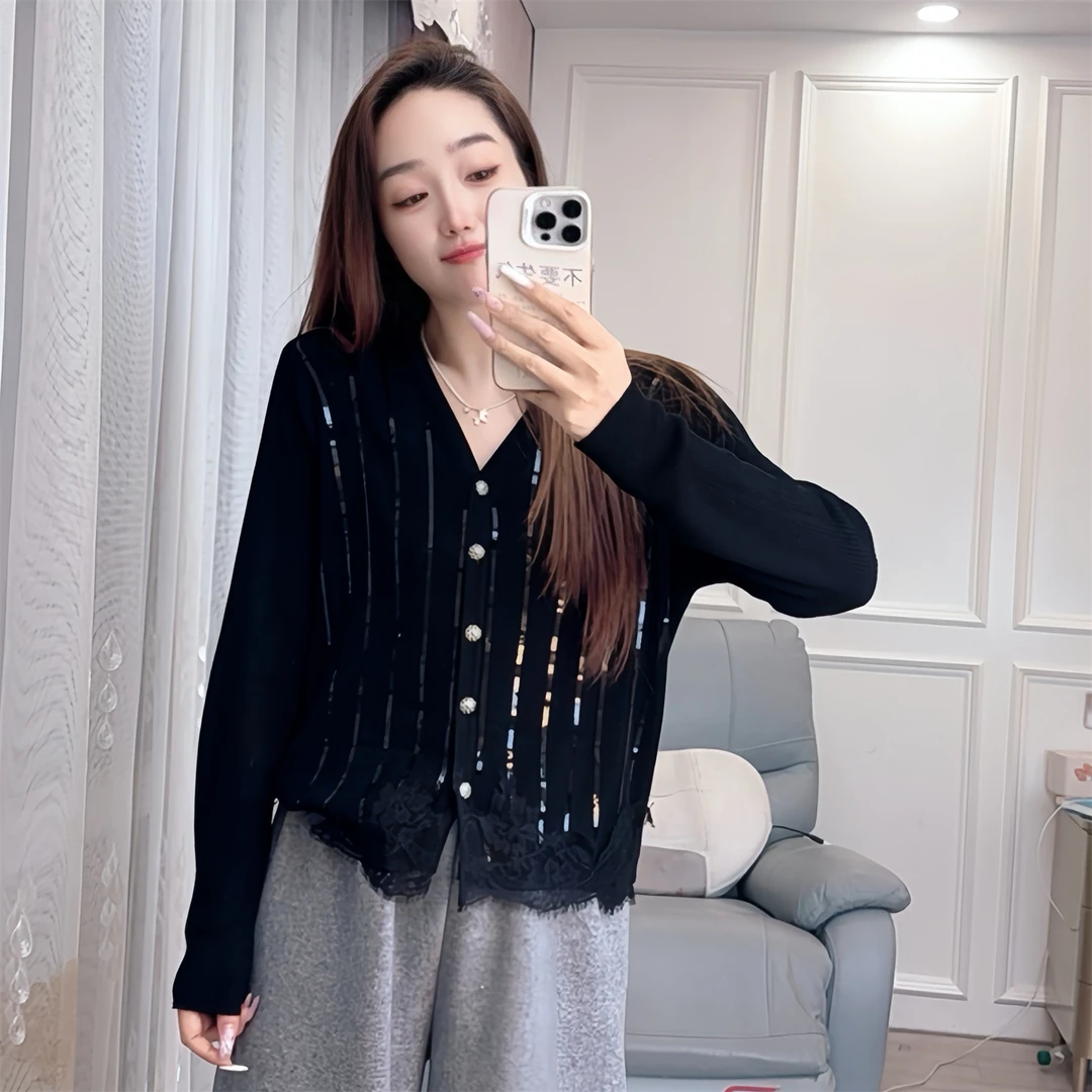 2545现货春夏女装针织衫长袖V领刺绣亮片宽松韩版设计感时尚外套