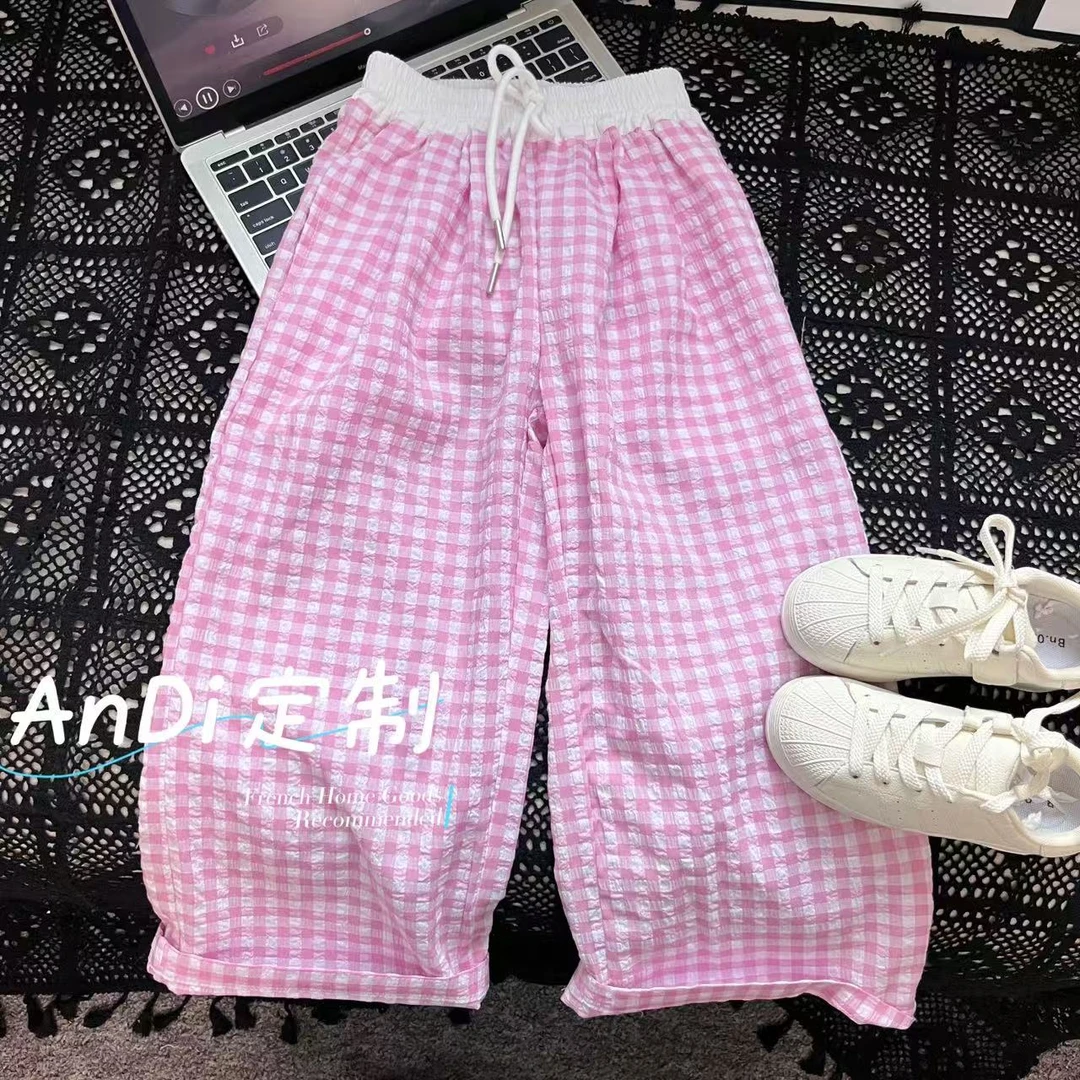 〖ANDI〗订制春季新款女童时尚粉色格子洋气直筒休闲裤3746