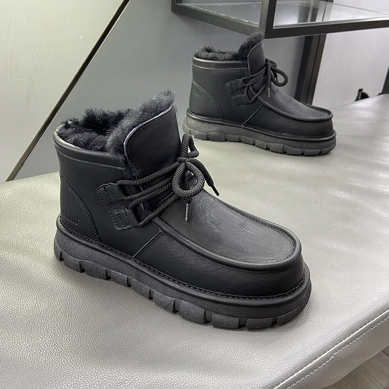 韩版丑萌面包鞋真皮羊毛雪地靴保暖防滑冬季净版素面百搭男鞋棉鞋