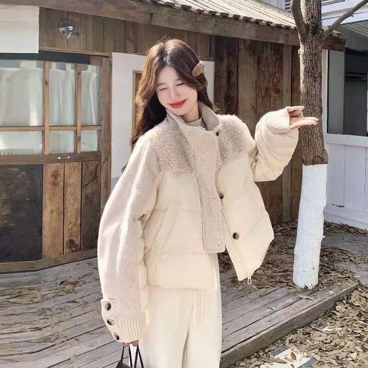 XQ3841#冬季立领拼接长袖棉衣女韩版小众设计感百搭短款外套棉服