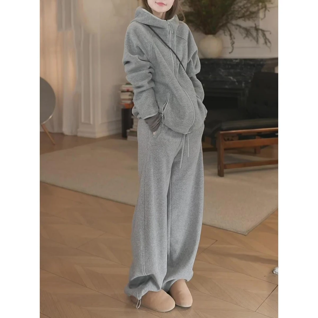 高端时尚休闲运动套装女秋冬宽松慵懒风灰色连帽卫衣阔腿裤两件套