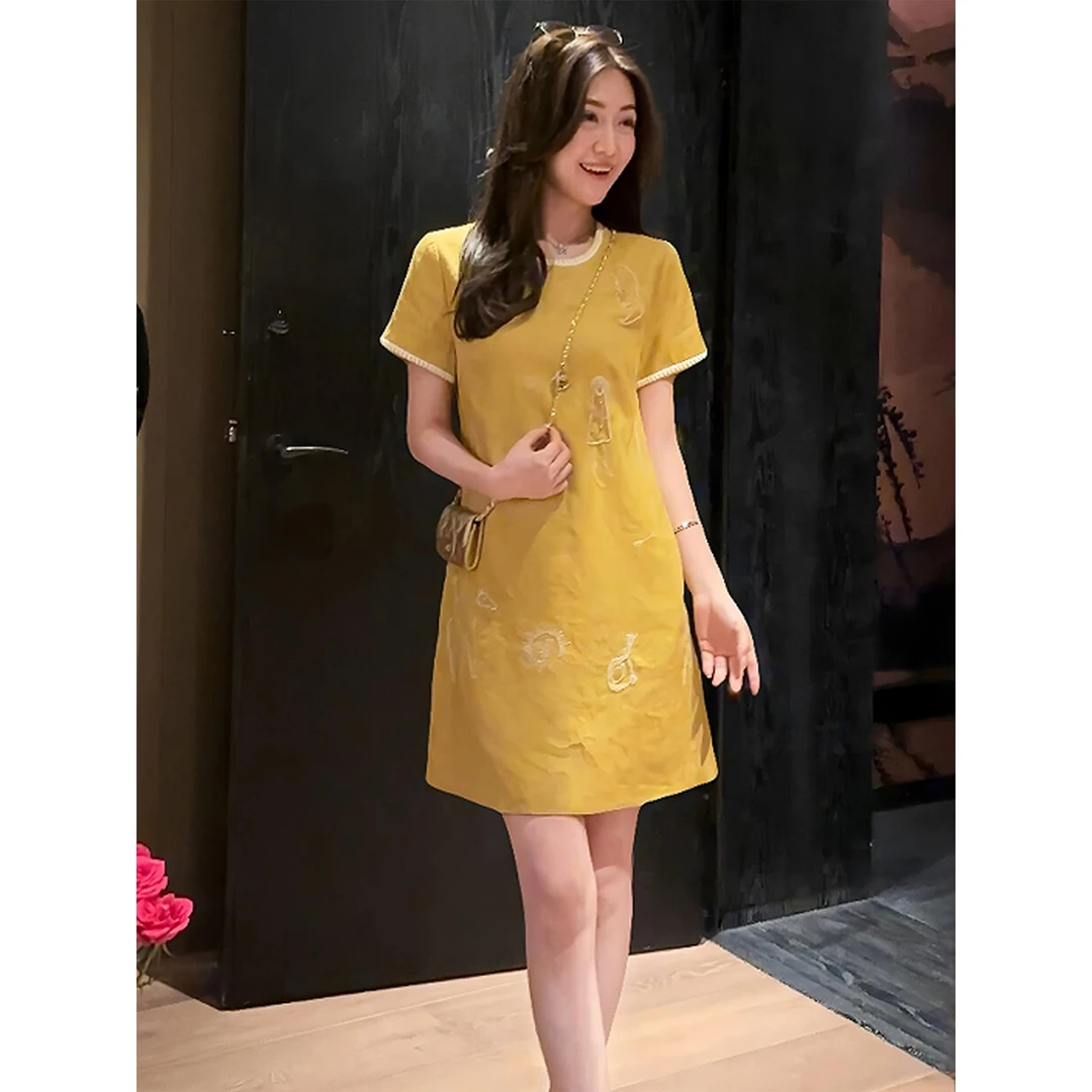 W·H 西西里岛法式气质短袖连衣裙短裙女2025新款夏天巨好看的裙子