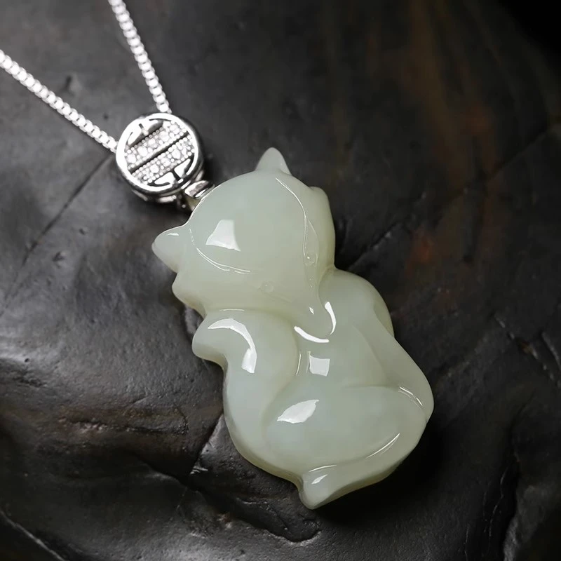 天然和田玉小狐狸吊坠白玉石925纯银项链女玉佩项坠礼物饰品