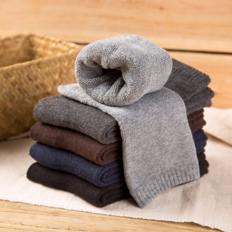 秋冬季男士毛圈袜加绒加厚冬款袜保暖地板袜纯色条纹雪地袜冬天