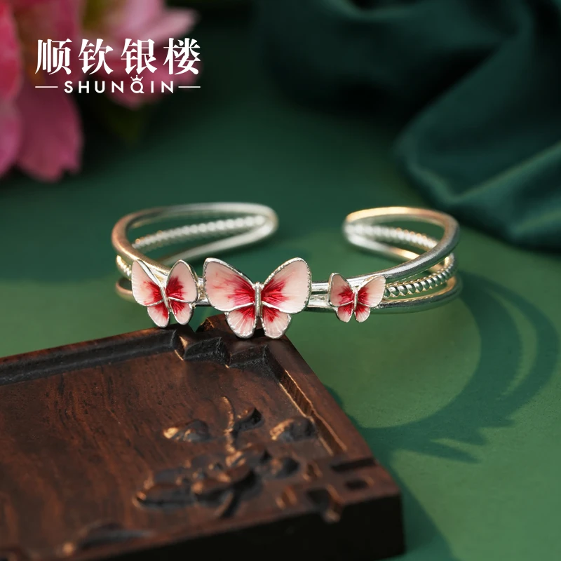 顺钦银楼 足银手镯 【春绯染手镯】足银9999国风轻奢百搭银手镯简约