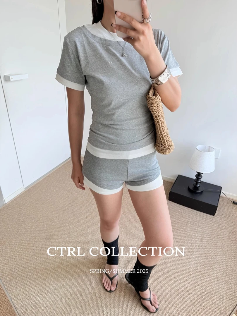 CTRL~1折入*25ssA*N字母假两件双领拼接修身短袖T恤 休闲百搭极简