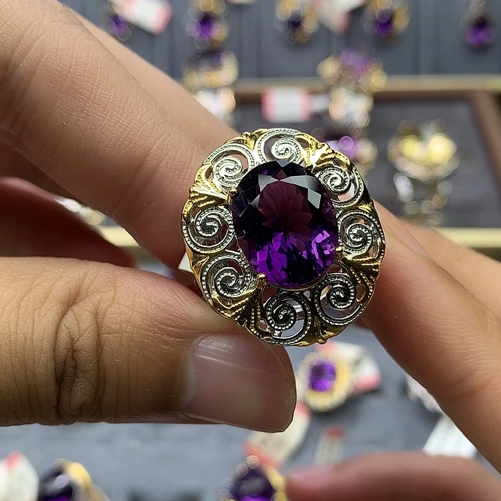 戒指银S925镀金镶嵌水晶