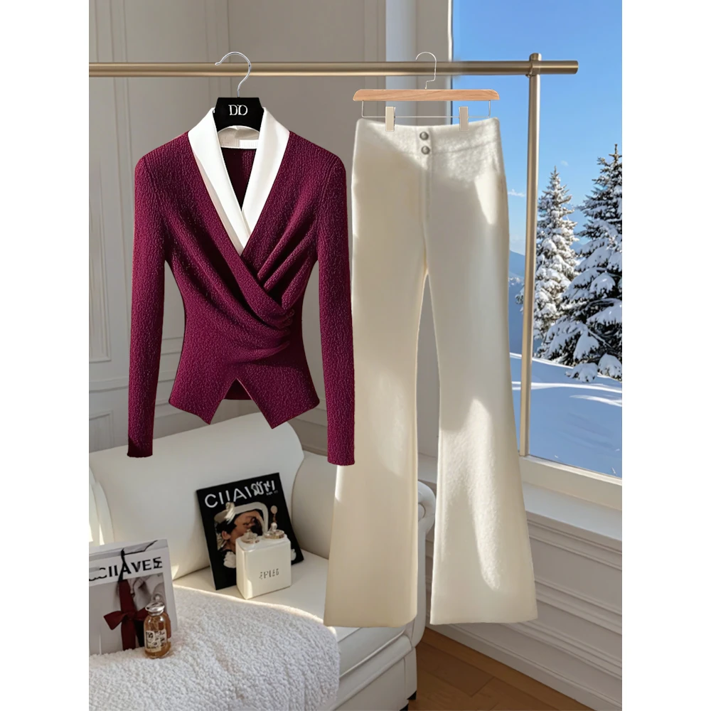 早春一整套2025法式假两件针织衫上衣高端白色微喇裤子休闲套装女