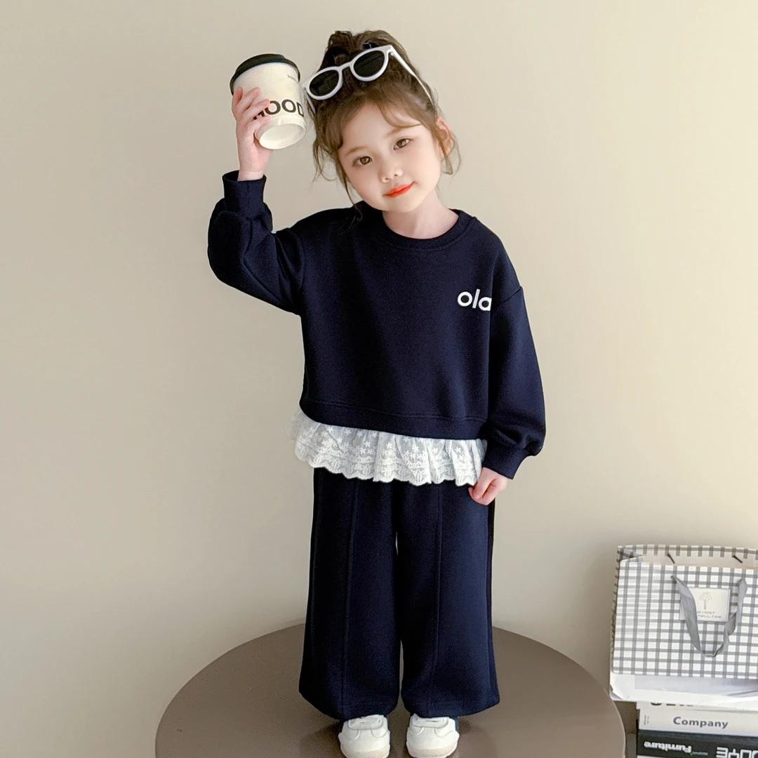 女童秋季套装2025新款儿童韩系花边卫衣休闲洋气女宝宝运动两件套