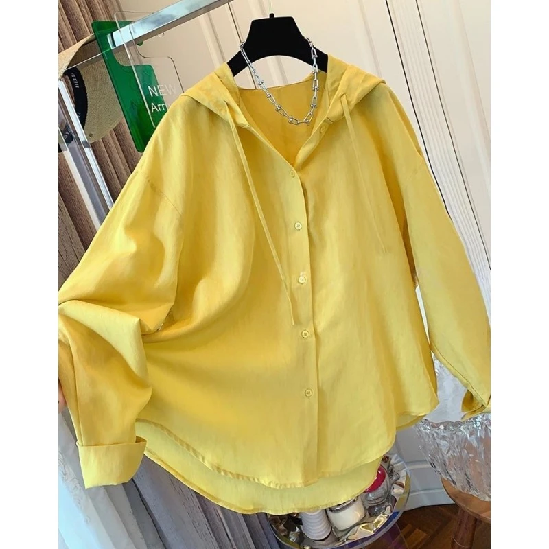 6528时尚高级感气质黄色蓝色连帽衬衫防晒衫宽松上衣女装2025夏款